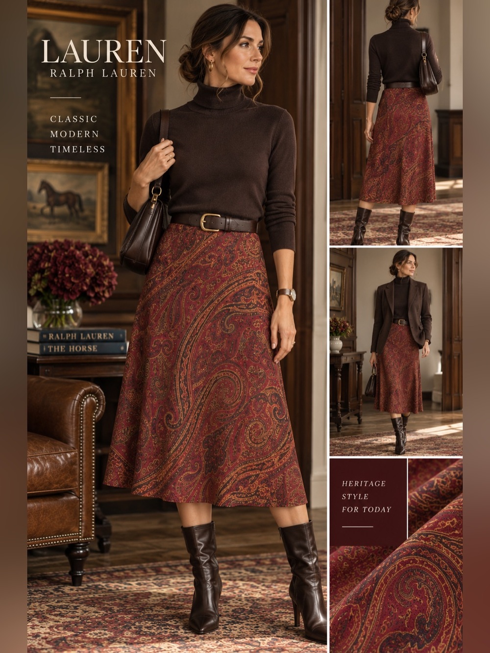 Lauren Ralph Lauren Paisley A-Line Midi Skirt Burgundy NWT 16